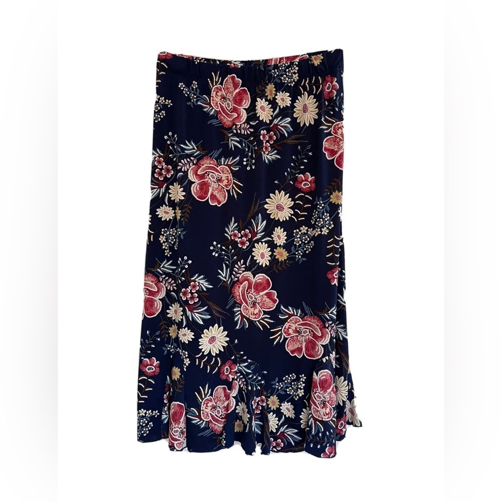 SJS Midi Navy Ruffled Bottom Elastic Waist Pull on Skirt Women’s Size Small